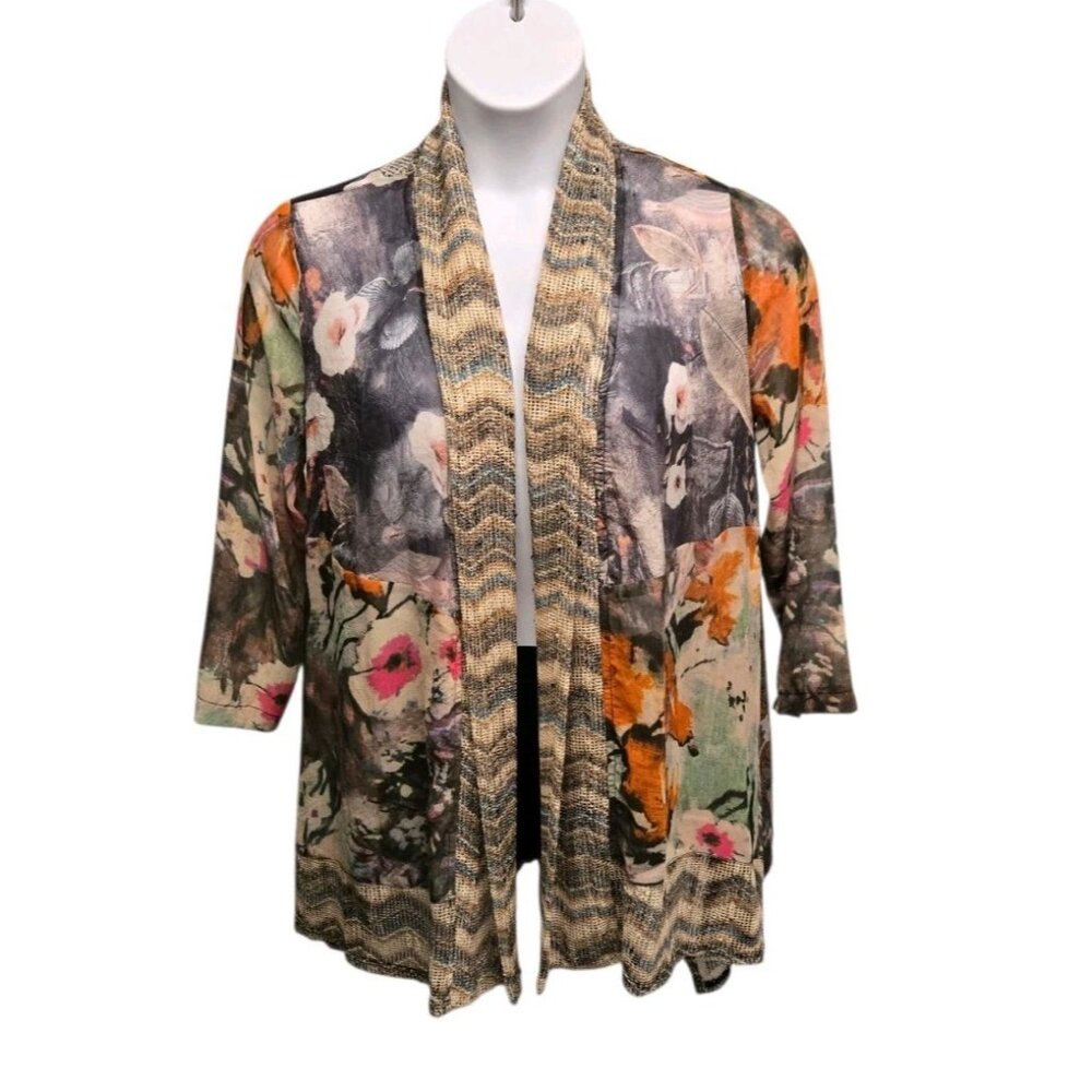 Ali Miles Small Floral Open Front Cardigan Mesh Drape Lightweight Artsy Colorful